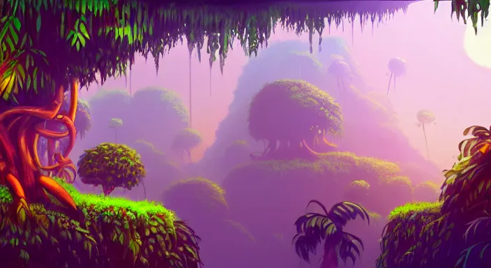 Image similar to beauiful background painting of a jungle level of a 2 d sidescroller game, the jungle is dense and thick, under sunlight above, video game art, pixel art, concept art, soft and lushful, impressionism, ultra detailed, natural lighting, trending on artstation