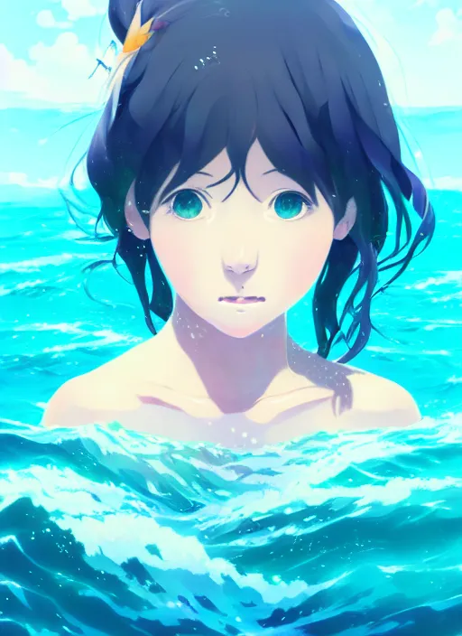 Image similar to portrait of a cute girl swimming in the ocean, illustration concept art anime key visual, very trippy and abstract, trending pixiv fanbox by wlop and greg rutkowski and makoto shinkai and studio ghibli and kyoto animation