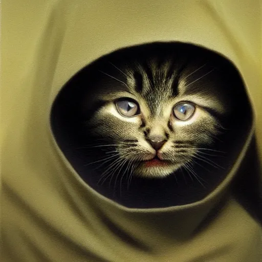 Image similar to a portrait of a kitten wearing a black hood, cloak covering face, anatomically correct, beautiful perfect face, enigmatic, oil painting, matte, black background, Volumetric dynamic lighting, Highly Detailed, Cinematic Lighting, Unreal Engine, 8k, HD, by Beksinski