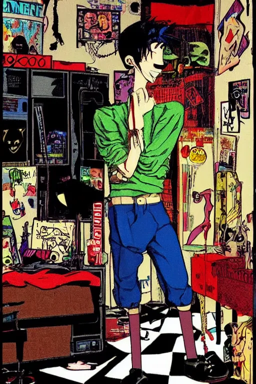 Image similar to a skinny goth guy standing in a cluttered 9 0 s bedroom by jamie hewlett, jamie hewlett art, full body character concept art, vaporwave colors,