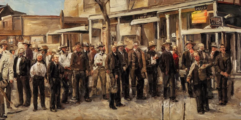 Image similar to oil painting of Phillip Seymour Hoffman as an old west banker surrounded by people in a busy old west town