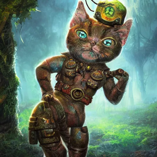 Image similar to rescue from the underworld, shadows of the past, The Mekanik Doll, chubby moss kitten, by jeff easley and Dylan Kowalski, highly detailed, digital painting, HDRI, by vivid colors, high contrast, 8k resolution, intricate, photorealistic, smooth