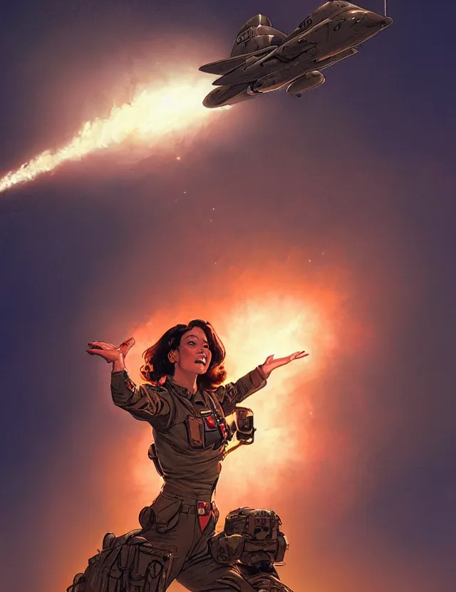 Image similar to a brown - haired woman in a military uniform hovering in the air glowing with red light and crackling energy, by frank fazetta and moebius, trending on artstation, digital art, 4 k resolution, detailed, high quality, sharp focus, hq artwork, coherent, insane detail, concept art, character concept, character full body portrait