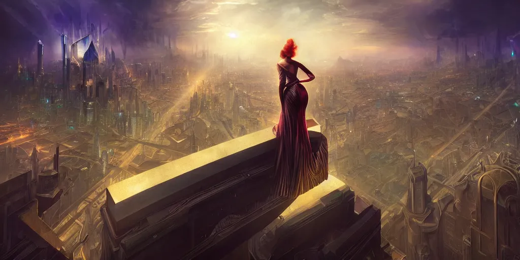 Prompt: a woman standing on a ledge overlooking an axonometric futurist utopian city, by Rolf Armstrong and Evelyn De Morgan and Bastien Lecouffe-Deharme, dramatic lighting, high contrast colors, baroque, empyrean, panoramic view, as trending on Artstation, highly detailed, cryengine,