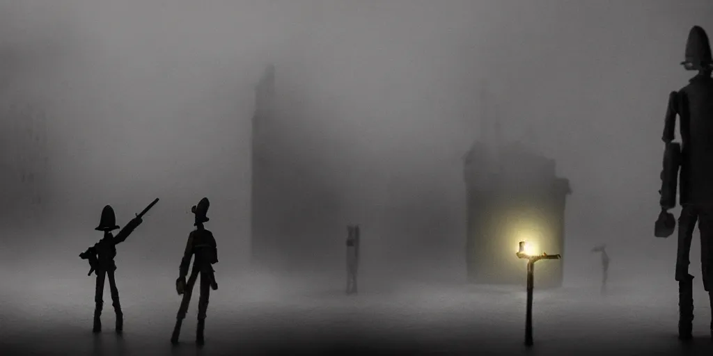 Image similar to the world war 3, surrealistic detailed claymation art, dark, moody, foggy