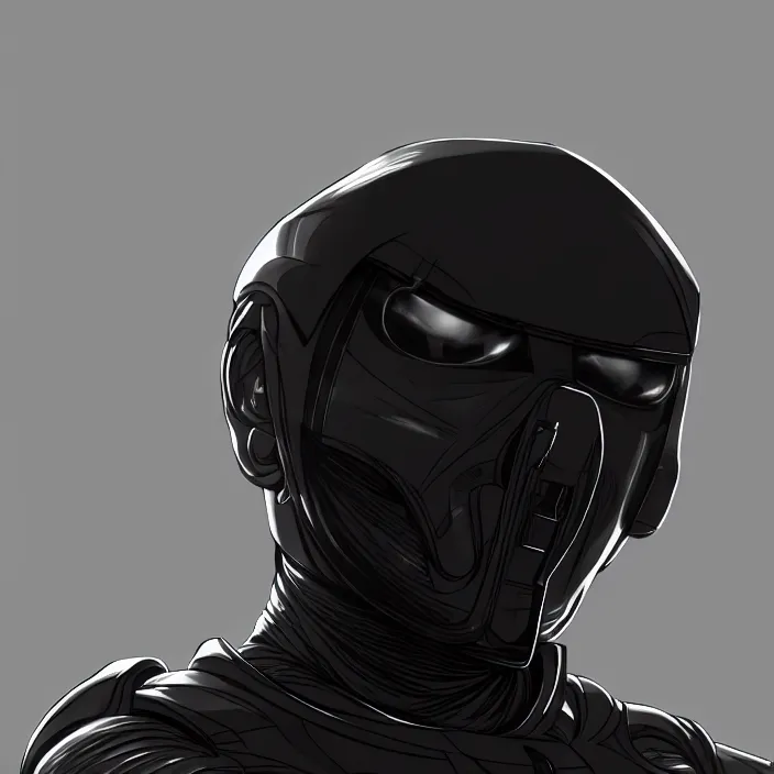 Image similar to a top down shot of a character in an spaceship by nihei tsutomu, front facing the camera, dramatic black and white, modern clean reflective obsidian dark black armor, highly detailed, 3 d render, vray, octane, realistic lighting