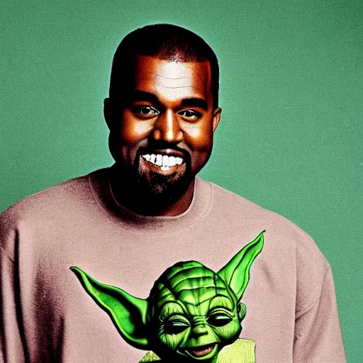 Image similar to kanye west smiling and holding yoda yoda for a 1 9 9 0 s sitcom tv show, studio photograph, portrait