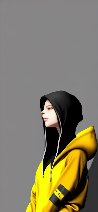 Prompt: a vtuber model concept art of a beautiful girl in a black and yellow hoodie, front view typing in an iphone, artstation, digital art, commission art, style by jordan grimmer and greg rutkowski, 4 k resolution