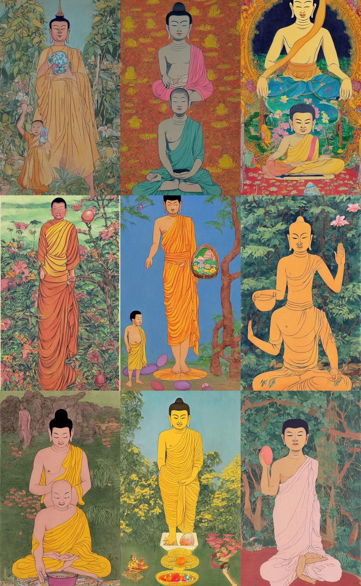 Prompt: painting of a standing thai budha, long tunic, barefoot, holding in the hands easter eggs, by aoshima chiho by wes anderson by cicely mary barker