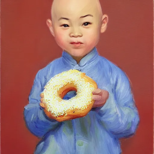 Image similar to bald chinese boy holding a donut, impressionist painting art