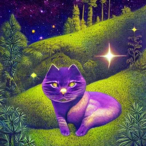 Image similar to psychedelic small cats hidden lush pine forest, outer space, milky way, designed by arnold bocklin, jules bastien - lepage, tarsila do amaral, wayne barlowe and gustave baumann, cheval michael, trending on artstation, star, sharp focus, colorful refracted sparkles and lines, soft light, 8 k 4 k