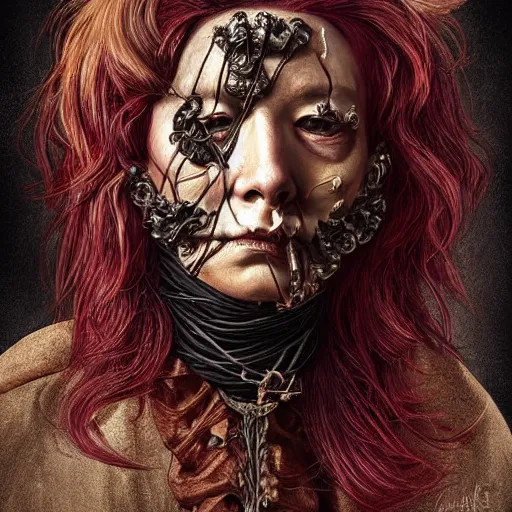 Prompt: portrait of a Shibari rope wrapped face and neck, headshot, insanely nice professional hair style, dramatic hair color, digital painting, of a old 17th century, old cyborg merchant, amber jewels, Art Nouveaux, ornate clothing, scifi, realistic, hyperdetailed, chiaroscuro, concept art, art by Franz Hals and Jon Foster and Ayami Kojima and Amano and Karol Bak,