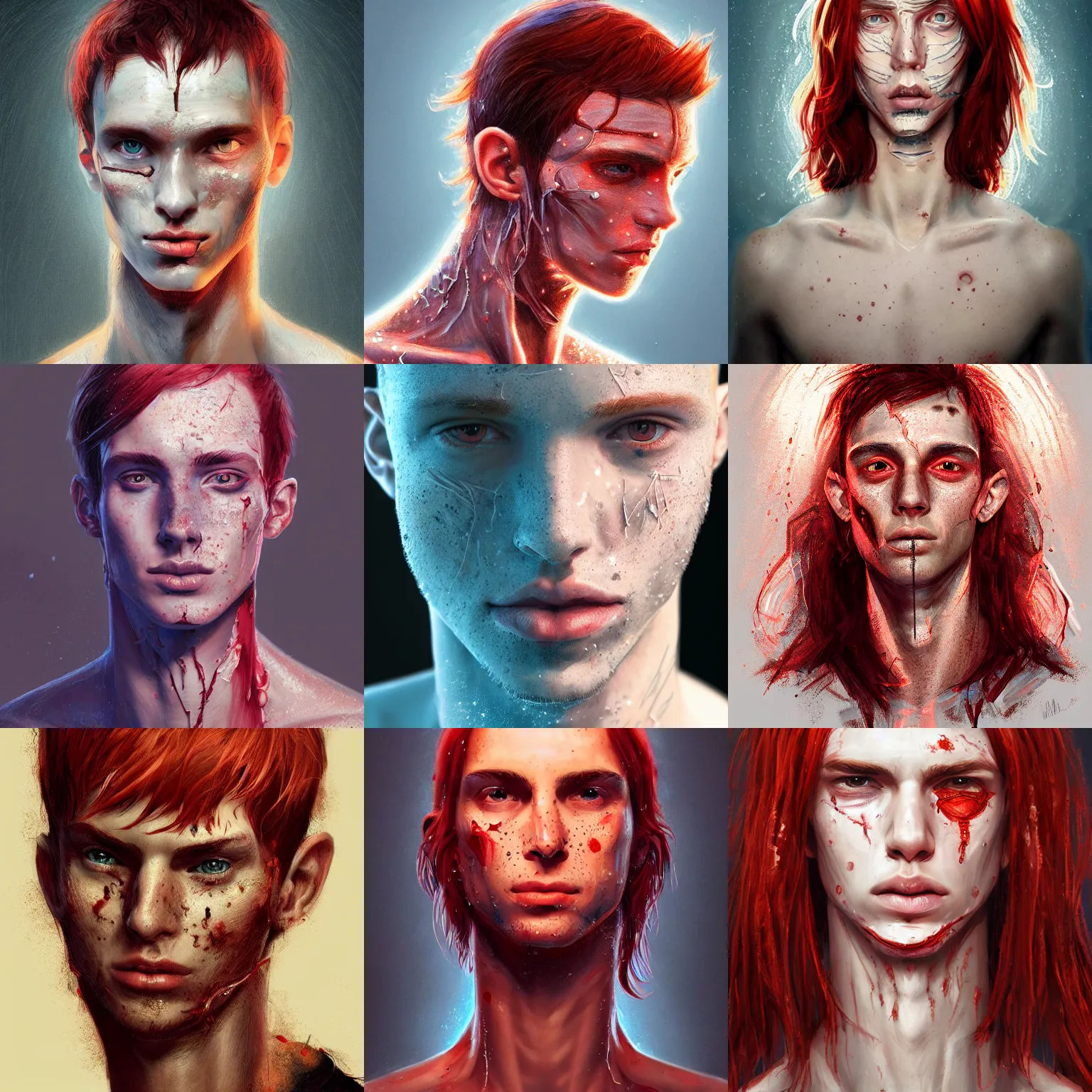 Prompt: portrait of a thin young man with long red hair, a big scars, big gash on face, freckles on his face, intricate, elegant, glowing lights, highly detailed, digital painting, artstation, concept art, smooth, sharp focus, illustration