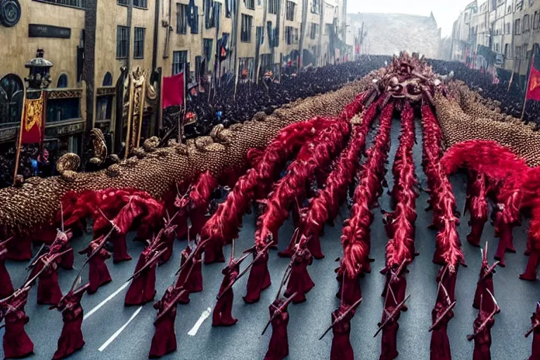 Prompt: photo of game of thrones elaborate parade with float characters designed by ( ( ( ( ( ( ( ( people remaking season 8 ) ) ) ) ) ) ) ) and people who know what they are doing!!!!!!!!!!!!!!, in the macys parade, detailed 4 k photo,