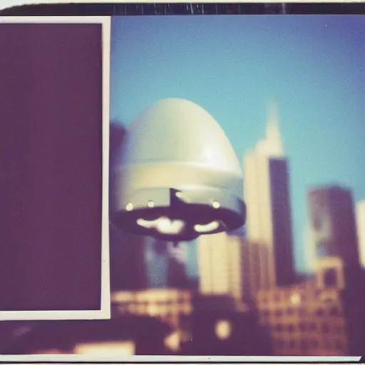 Prompt: a ufo flying over a city, distant!, blurry photo, old polaroid, expired film, historical photo,