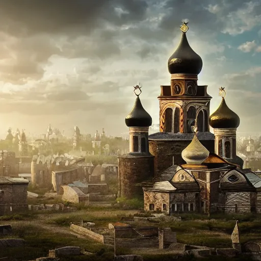 Image similar to photo ancient Slavic Russian city of Kitezh, concept art, magical city, fantasy cityscape, ancient Slavs, wooden buildings, ancient Russian architecture, terem, hyperborea, top cinematic lighting , cinematic mood, very detailed, shot in canon, 8k, high resolution