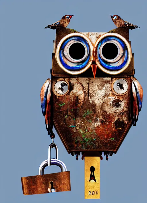 Image similar to colored pencil and pen drawing of an animatronic robot owl, bird made from rusty old keys and padlocks, cosmic background, 8 k photorender realityengine