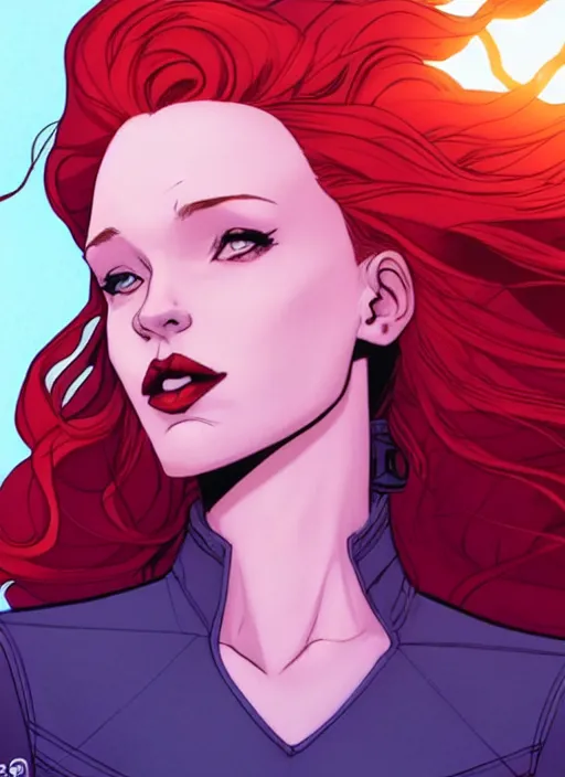 Image similar to Rafeal Albuquerque comic art, Joshua Middleton comic art, cinematics lighting, sunset colors, pretty female Madelaine Petsch Rogue x-men marvel, big smirk, symmetrical face, symmetrical eyes, long red hair and white hair, with white streak in hair, full body, flying in the air, sunset