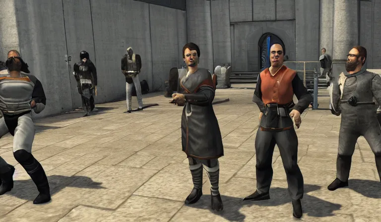 Image similar to The Seinfeld cast in a sci-fi mod for Mount and Blade Warband, 3rd person, gameplay screenshot