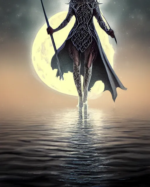 Prompt: legendary excalibur rising from the middle of a lake under a giant full moon, rippling reflections, lady of the lake, western, D&D, fantasy, intricate, elegant, highly detailed, digital painting, artstation, concept art, matte, sharp focus, illustration, masterpiece, stunning, artstation