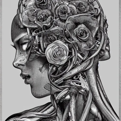 Image similar to the anatomy of a head of wires with electric chrome roses that resemble a beautiful woman, an ultrafine detailed illustration by james jean, intricate linework, bright colors, final fantasy, behance contest winner, symmetry, vanitas, angular, altermodern, unreal engine 5 highly rendered, global illumination, radiant light, detailed and intricate environment