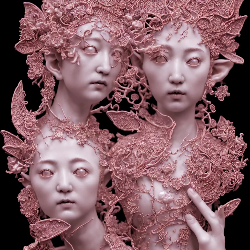 Image similar to A Close up photo-real delicate ceramic porcelain sculpture of an ornate detailed Elf in front of a intricate background by Victo Ngai and takato yamamoto, micro detail, backlit lighting, subsurface scattering, translucent, thin porcelain, octane renderer, neon lights, hot Pink and Black, physically based rendering, japanese pottery, trending on cgsociety