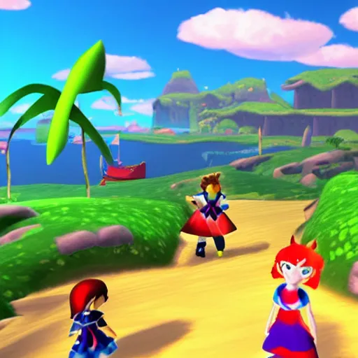 Prompt: “a still of Chrono Cross, Wind Waker, and Yoku’s Island Express crossover game”