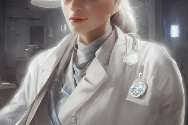 Prompt: an elegant and beautiful female doctor in a white coat in a hospital ward, cinematic, highly detailed, digital painting, artstation, concept art, matte, sharp focus, illustration, art by artgerm and greg rutkowski