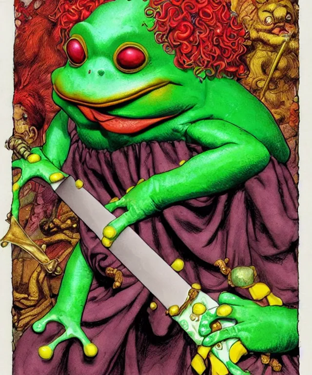 Image similar to clown frog king pulls the sword from the stone, clown frog king wearing clown makeup and rainbow wig, clown crown artwork by Glenn Fabry