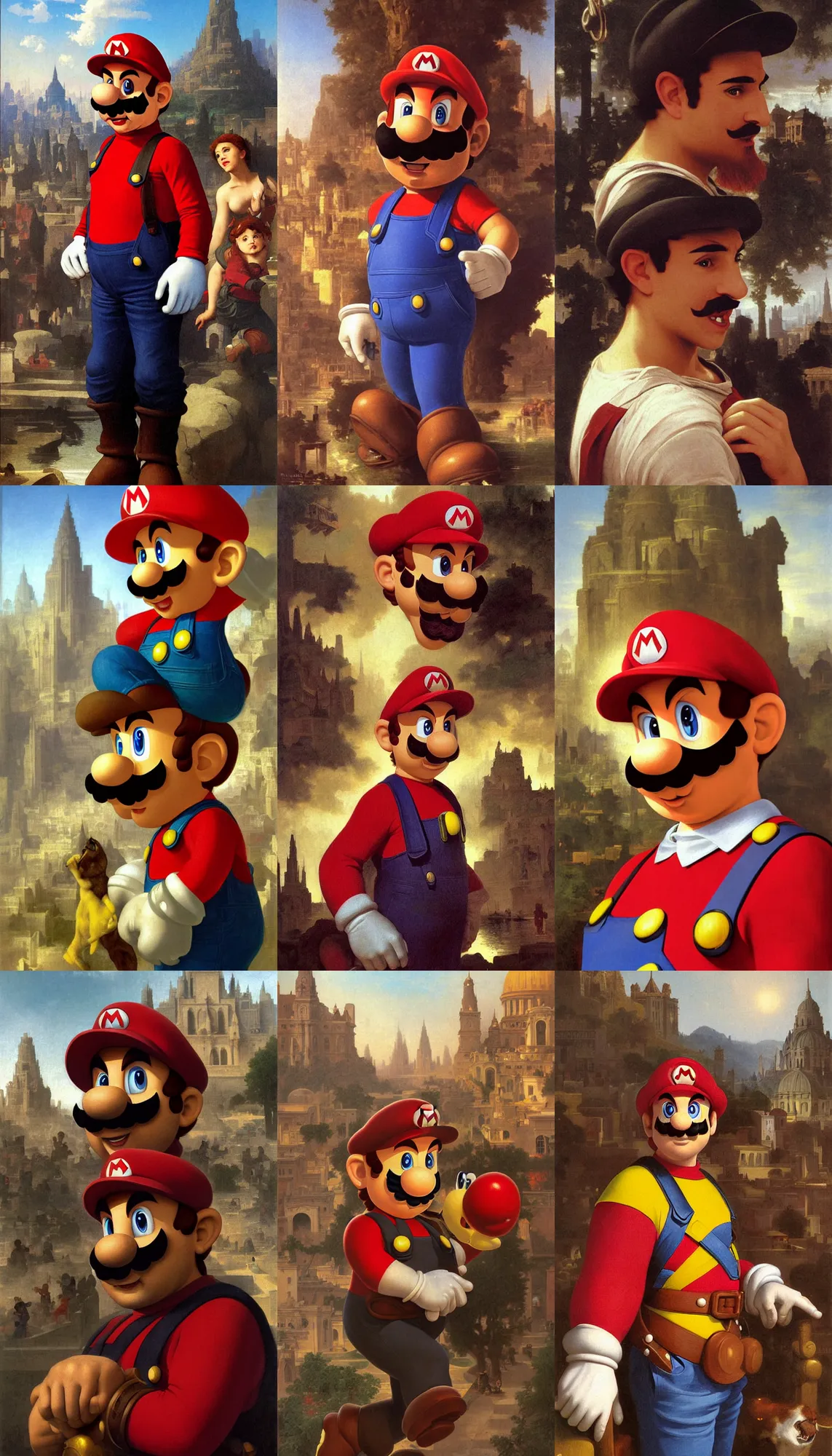 Prompt: portrait of mario!!!!!!!!!!!!!!!!!!!!!!!!!!! from mario bros, detailed face, detailed painting, city background, epic scene, epic lighting, by bouguereau