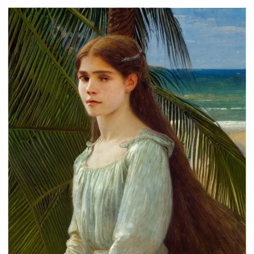 Image similar to a ultradetailed beautiful painting of a girl in the amazonas palace balustrade designed by jules bastien - lepage, tarsila do amaral, frank weston and gustave baumann, beach, trending on artstation, mediterranean, palm trees, hyper detailed face, sharp focus, soft light, 8 k 4 k