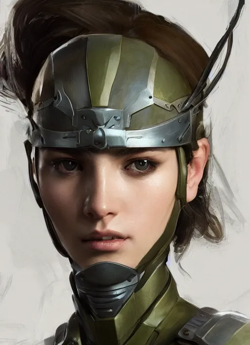 Image similar to a professional painting of a beautiful young female, clothed in military armor, olive skin, long dark hair, beautiful bone structure, symmetrical facial features, intricate, elegant, digital painting, concept art, smooth, sharp focus, illustration, from Metal Gear, by Ruan Jia and Mandy Jurgens and Artgerm and William-Adolphe Bouguerea