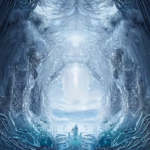 Image similar to under an white intricate like lace epic forest suspended in the air upside down, a white pool with intricate epic circles of water within floating female robots, dressed in intricate veils and jewels, and an intricate mythological underwater city, epic environment, matte painting, diffused lighting, highly detailed, cinematic, epic atmosphere, digital art, trending on artstation, wide angle