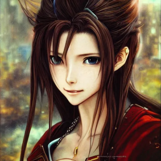 Prompt: a portrait painting of aerith from from final fantasy 7 with the steam punk city midgard as backfrop by master artist yoshitaka amano