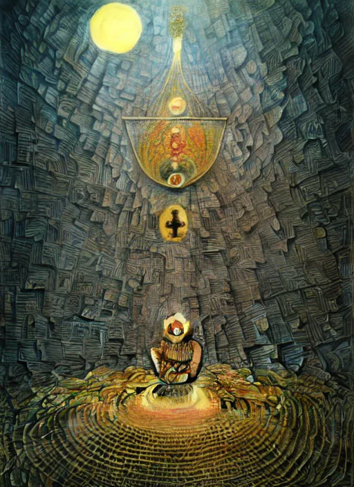 Image similar to hyper detailed 3d render like an Oil painting - Tarot card by Jacek Yerka, Mariusz Lewandowski, Houdini algorithmic generative render, Abstract brush strokes, Masterpiece, Edward Hopper and James Gilleard, Zdzislaw Beksinski, Mark Ryden, Wolfgang Lettl, hints of Yayoi Kasuma, octane render, 8k