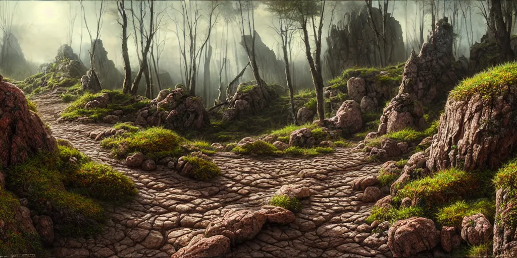 Prompt: hyperrealistic mixed media painting of a rocky dirt trail across a fantasy landscape, stunning 3d render inspired art by P. Craig Russell and Barry Windsor-Smith + dim volumetric lighting, dizzy, full body, 8k octane beautifully detailed render, post-processing, extremely hyperdetailed, intricate, epic composition, grim yet sparkling atmosphere, cinematic lighting + masterpiece, trending on artstation, very very detailed, masterpiece, stunning