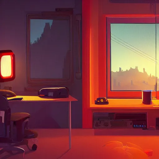 Prompt: Hacker's Room, View at the night city through the Window, night, lights, Volumetric lighting, Simon Stålenhag