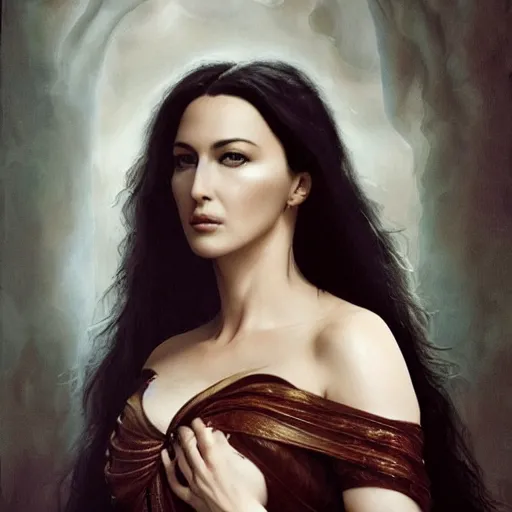 Prompt: majestic gracious regal aristocratic raven haired monica bellucci as the roman - greece vampire pandora portrait, indoors, atmospheric lighting, painted, intricate, volumetric lighting, beautiful, rich deep colours masterpiece, sharp focus, ultra detailed, by leesha hannigan, ross tran, thierry doizon, kai carpenter, ignacio fernandez rios