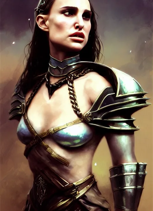 Image similar to young natalie portman, legendary warrior, warframe, lord of the rings, tattoos, decorative ornaments, battle armor, carl spitzweg, ismail inceoglu, vdragan bibin, hans thoma, greg rutkowski, alexandros pyromallis, cute, perfect face, detailed, sharply focused, centered, rule of thirds, photorealistic shading