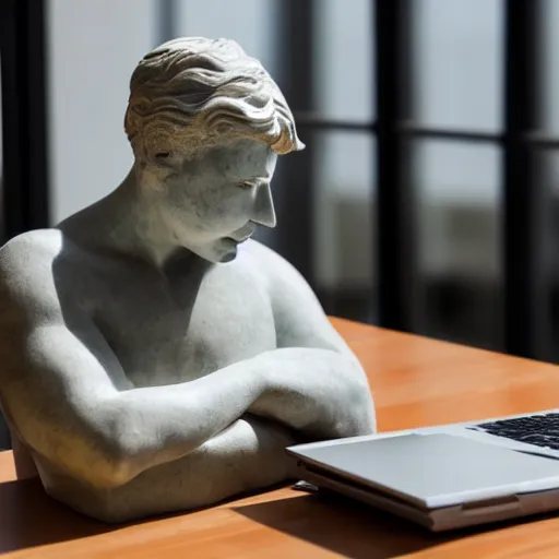 Image similar to a marble statue sitting at a desk with a frustration expression and a laptop, desk lamp and coffee cup on the desk, with a window letting in some sun light