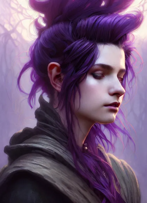 Prompt: cinematic side portrait rugged girl, adventurer outfit large cloak, fantasy forest landscape, dragon scales in hair, fantasy magic, undercut hairstyle, short purple black fade hair, dark light night, intricate, elegant, sharp focus, illustration, highly detailed, digital painting, concept art, matte, art by WLOP and Artgerm and Greg Rutkowski and Alphonse Mucha, masterpiece