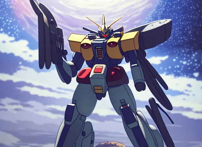 Image similar to a film still portrait of a planterary sized gundam, bokeh, finely detailed features, perfect art, over looking saturn,, trending on pixiv fanbox, painted by yusuke murata greg rutkowski makoto shinkai takashi takeuchi studio ghibli, akihiko yoshida