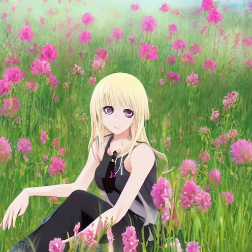 Prompt: beautiful anime transgender blonde girl sitting in a field full of flowers, highly detailed, realistic, dynamic lighting, cinematic, masterpiece, trending on artstation,-W 768