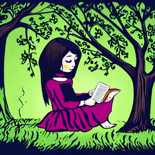 Prompt: gothic girl reading a book under an apple tree in summer. stylised