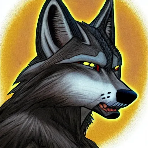 Prompt: 1 9 8 0 s video game art portrait of anthropomorphic wolf o'donnell from starfox fursona furry dark grey wolf in a dark space mercenary uniform, looking heroic, magazine scan, 8 0 s game box art, dark grey wolf o'donnell