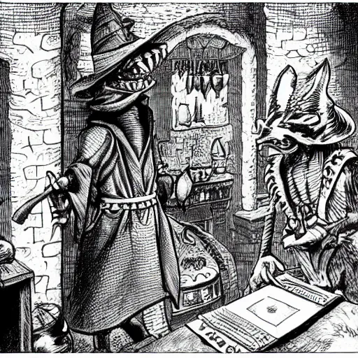 Prompt: an anthropomorphic reptilian dnd kobold wearing a wizard hat and robes, in a tavern, by the hearth, photography by bussiere rutkowski andreas roch ( by george morikawa ) ( by kentaro miura )