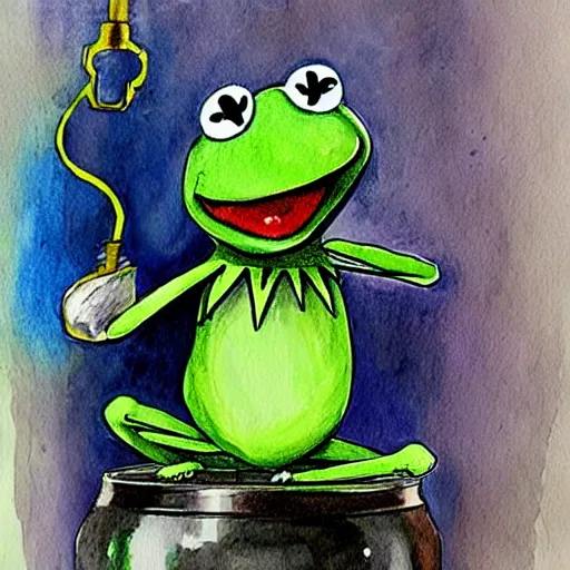 Prompt: Kermit the Frog trapped in a lightbulb, water color painting