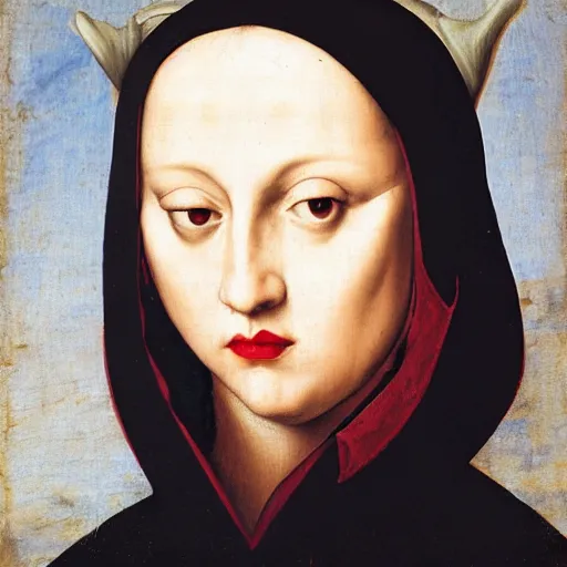 Image similar to a renaissance style portrait painting of raven winged female vampire, wearing a VR helmet and cape, dark background