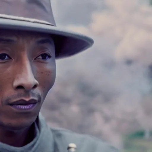 Image similar to cinematic film still Pharrell Williams starring as a Samurai holding fire, Japanese CGI, VFX, 2003, 40mm lens, shallow depth of field,film photography