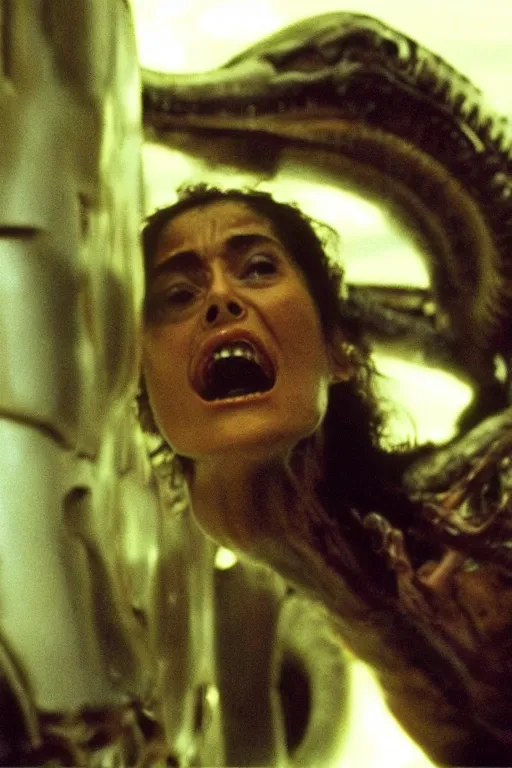 Prompt: film still of salma hayek in the movie Alien, xenomorph swallowing her, scary, cinematic shot, 4k.